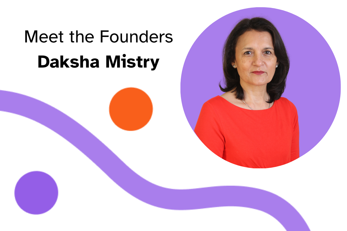 Photo of Daksha Mistry floats inside a purple circle with Never Grey branding.